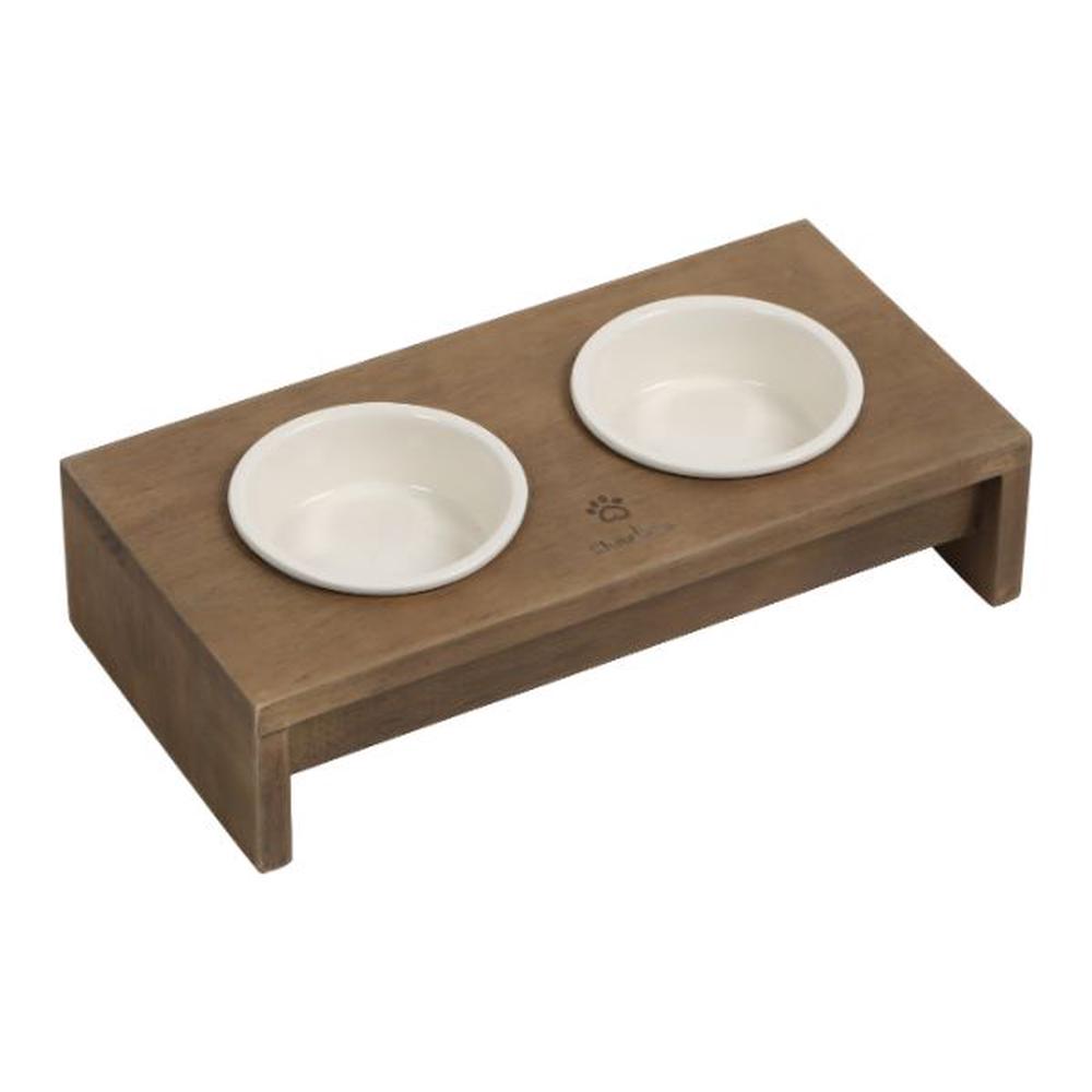 Charlie's Raised Wooden Dual Pet Feeder with Porcelain Bowls - Natural Brown Feeder